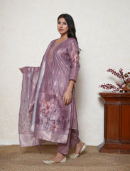mauve digital print french knot embroidered suit set