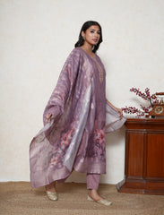mauve digital print french knot embroidered suit set