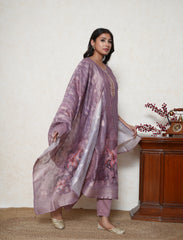 mauve digital print french knot embroidered suit set