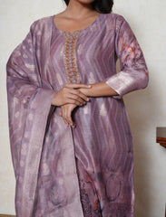 mauve digital print french knot embroidered suit set