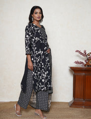 Black floral print cotton suit set