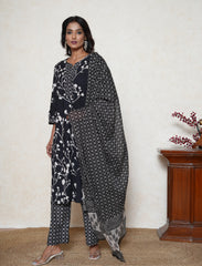 Black floral print cotton suit set