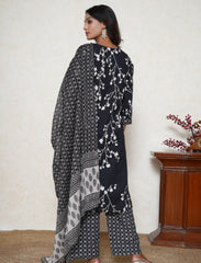 Black floral print cotton suit set