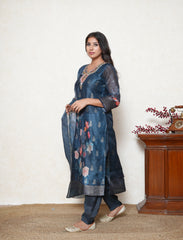 Prussian Blue digital printed hand embroidered suit.