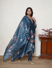 Prussian Blue digital printed hand embroidered suit.