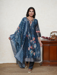 Prussian Blue digital printed hand embroidered suit.