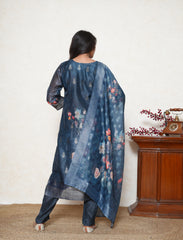 Prussian Blue digital printed hand embroidered suit.