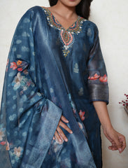 Prussian Blue digital printed hand embroidered suit.