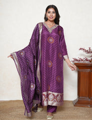 Silk cut Purple bandhani print silk suit with banarasi border