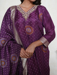 Silk cut Purple bandhani print silk suit with banarasi border