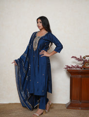 sapphire blue embroidered kurta set with dupatta