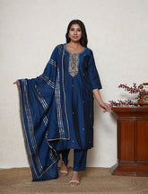 sapphire blue embroidered kurta set with dupatta