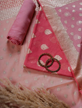 Dark Peach Banarasi Chanderi Cotton Silk Suit With Contrast Dupatta