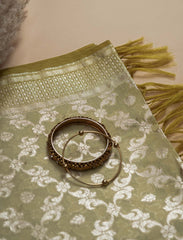 Mehendi Green Banarssi Chanderi Cotton Silk Suit With Contrast Dupatta