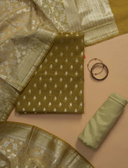 Mehendi Green Banarssi Chanderi Cotton Silk Suit With Contrast Dupatta
