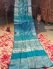 Teal green leharia crepe silk saree