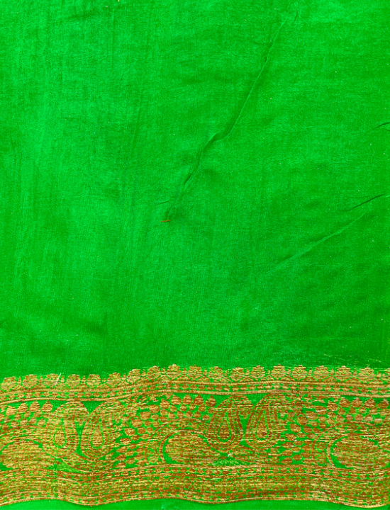 Yellow And Green Neemzari Pure Khaddi Chiffon Saree