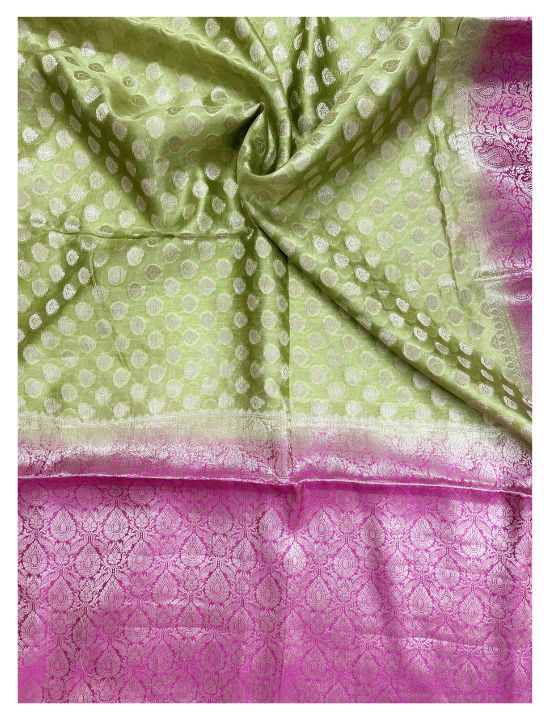 Pistachio Green & Pink 2 Ply Pure Silk Saree