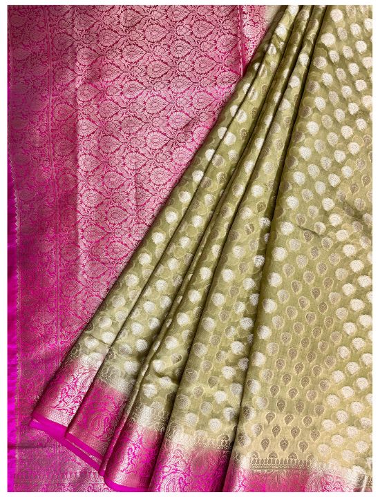 Pistachio Green & Pink 2 Ply Pure Silk Saree