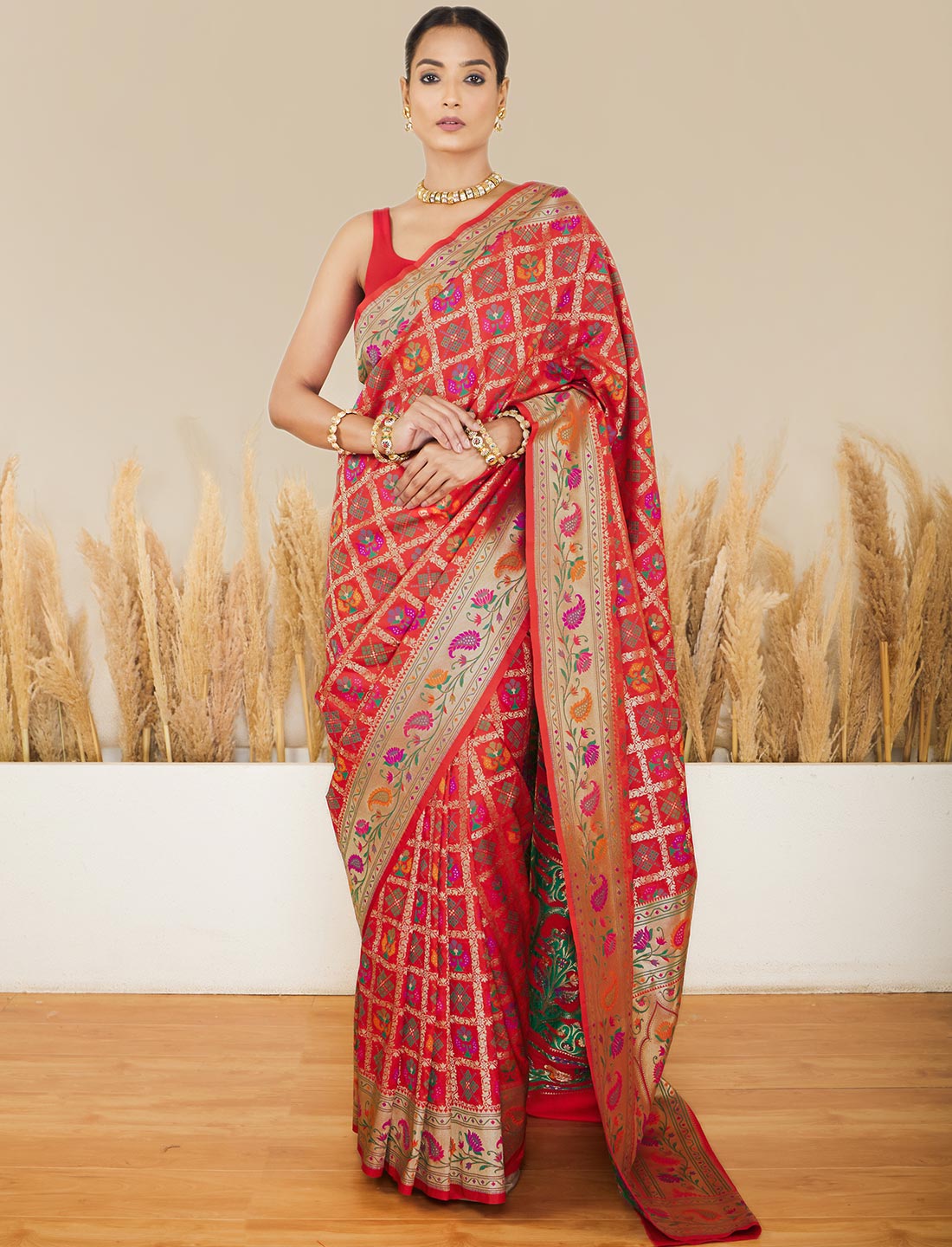 Red Banarasi Silk Handloom Gharchola Pattern Saree With Paithani Border