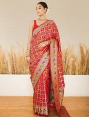 Red Banarasi Silk Handloom Gharchola Pattern Saree With Paithani Border