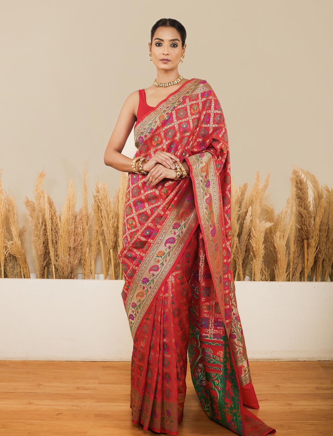 Red Banarasi Silk Handloom Gharchola Pattern Saree With Paithani Border