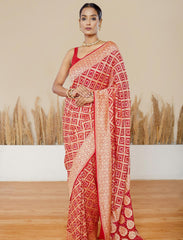 Red Handwoven Rye Bandhej Pure Khaddi Georgette Saree