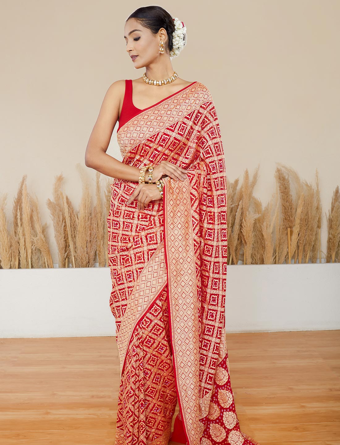 Red Handwoven Rye Bandhej Pure Khaddi Georgette Saree