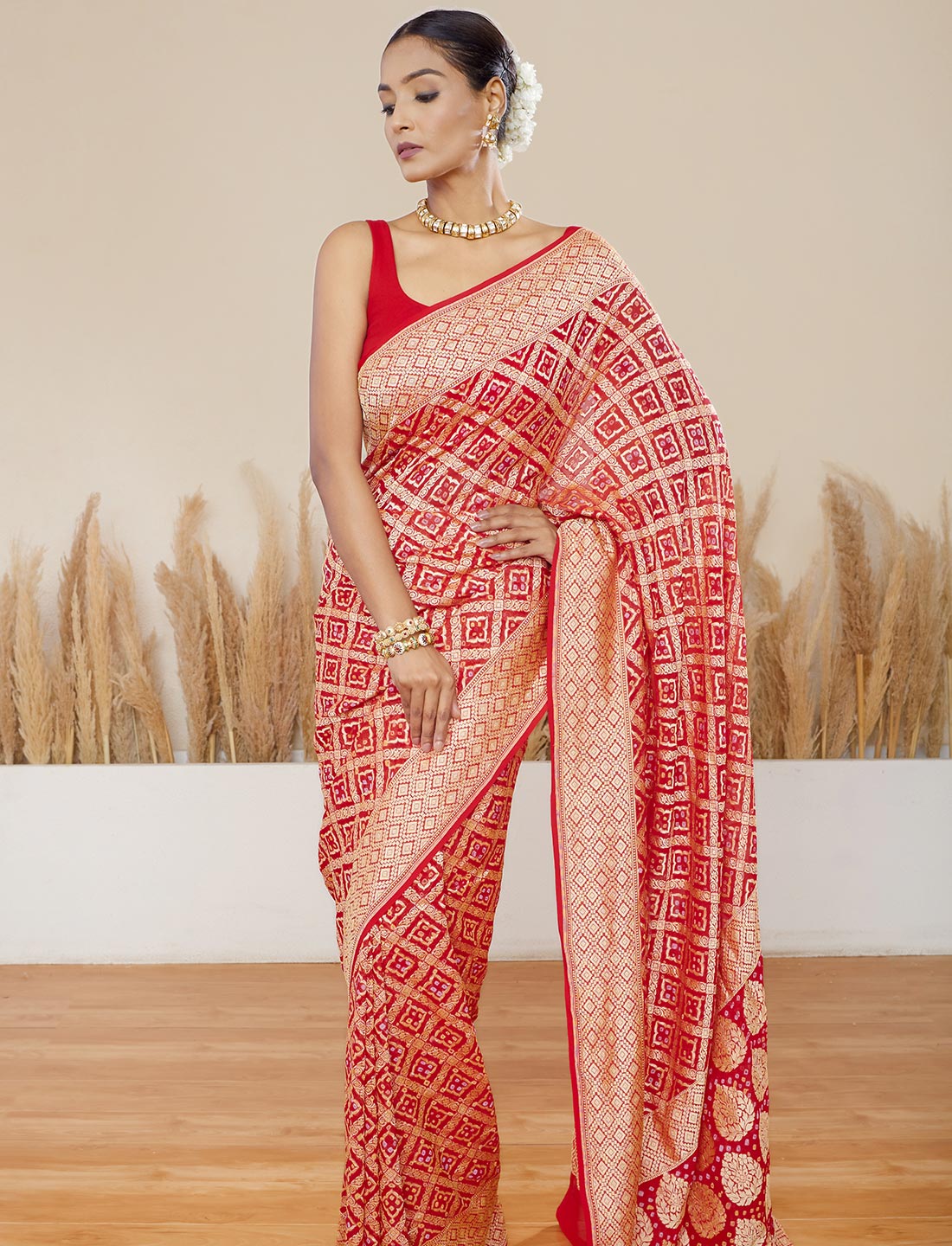 Red Handwoven Rye Bandhej Pure Khaddi Georgette Saree