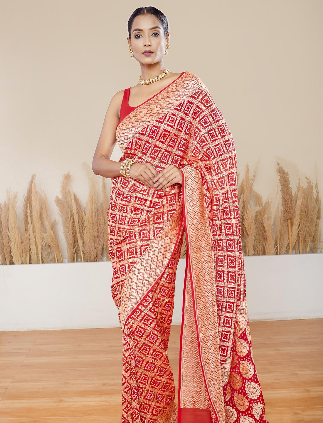 Red Handwoven Rye Bandhej Pure Khaddi Georgette Saree