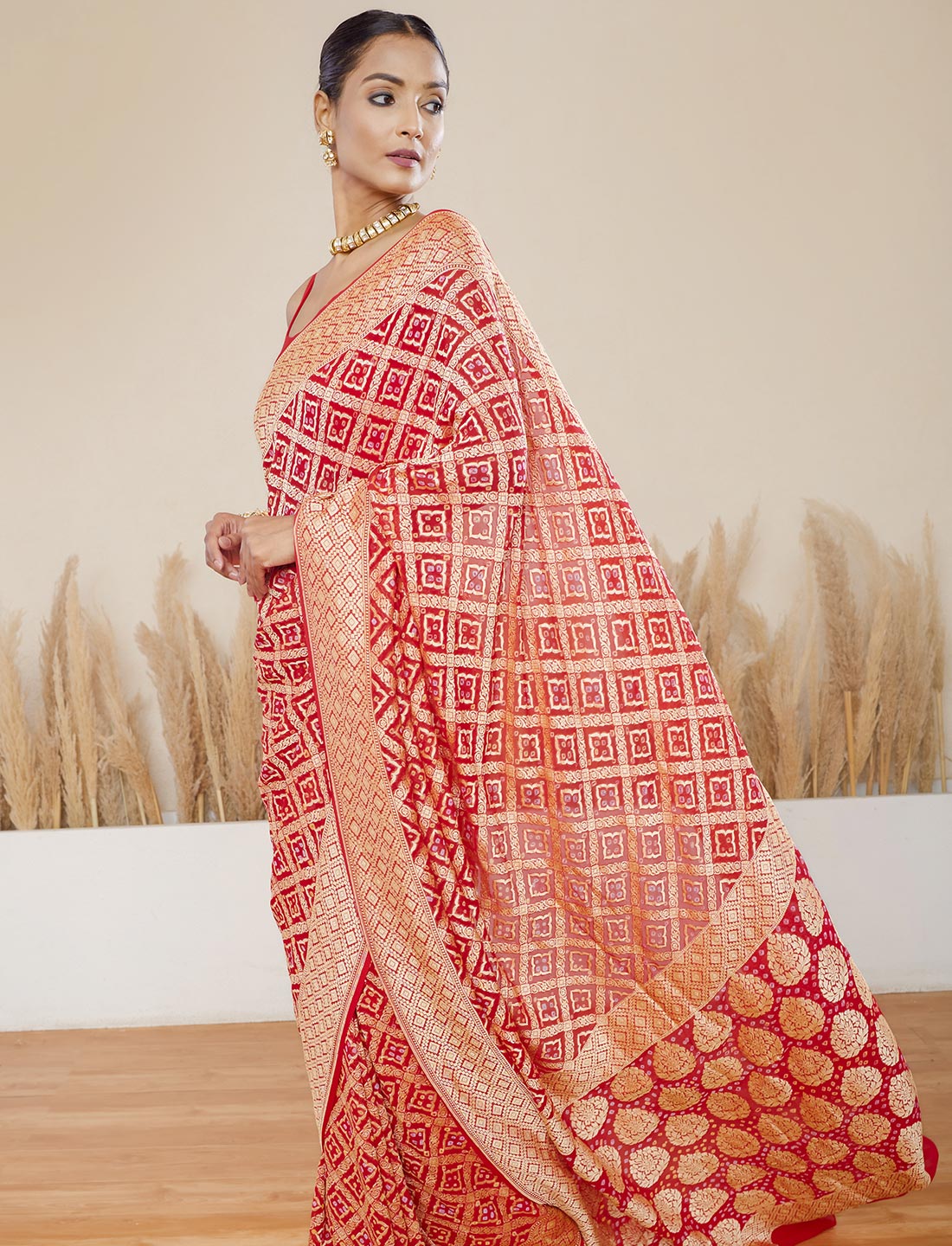 Red Handwoven Rye Bandhej Pure Khaddi Georgette Saree