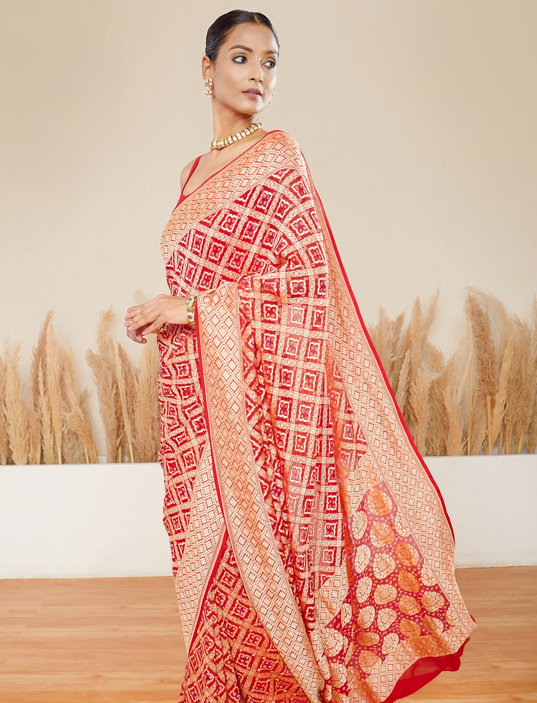 Red Handwoven Rye Bandhej Pure Khaddi Georgette Saree