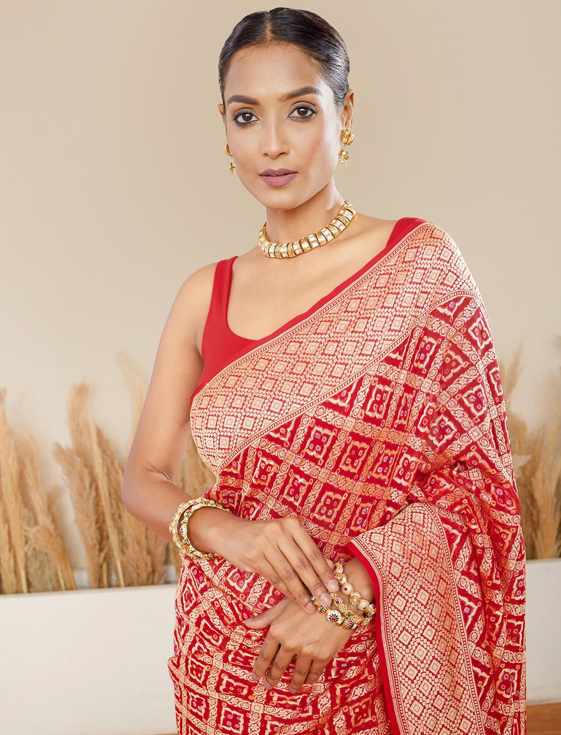 Red Handwoven Rye Bandhej Pure Khaddi Georgette Saree