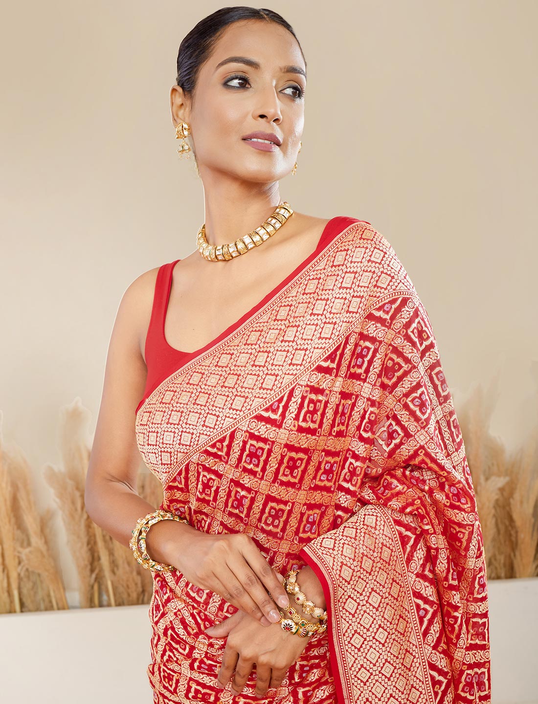 Red Handwoven Rye Bandhej Pure Khaddi Georgette Saree