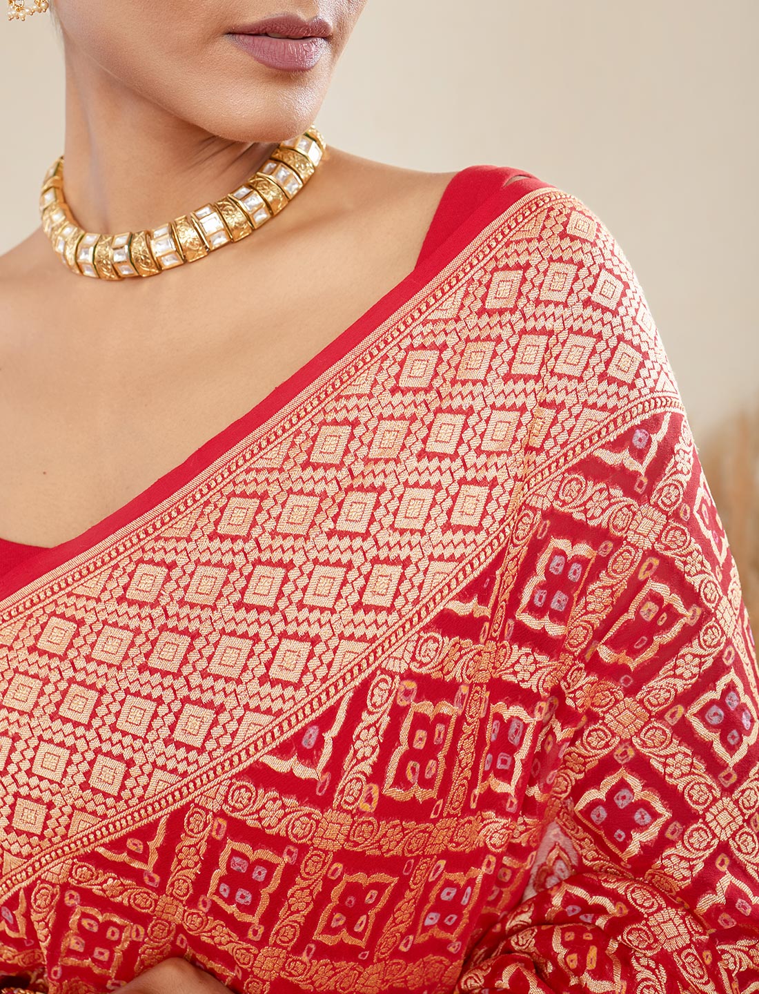 Red Handwoven Rye Bandhej Pure Khaddi Georgette Saree