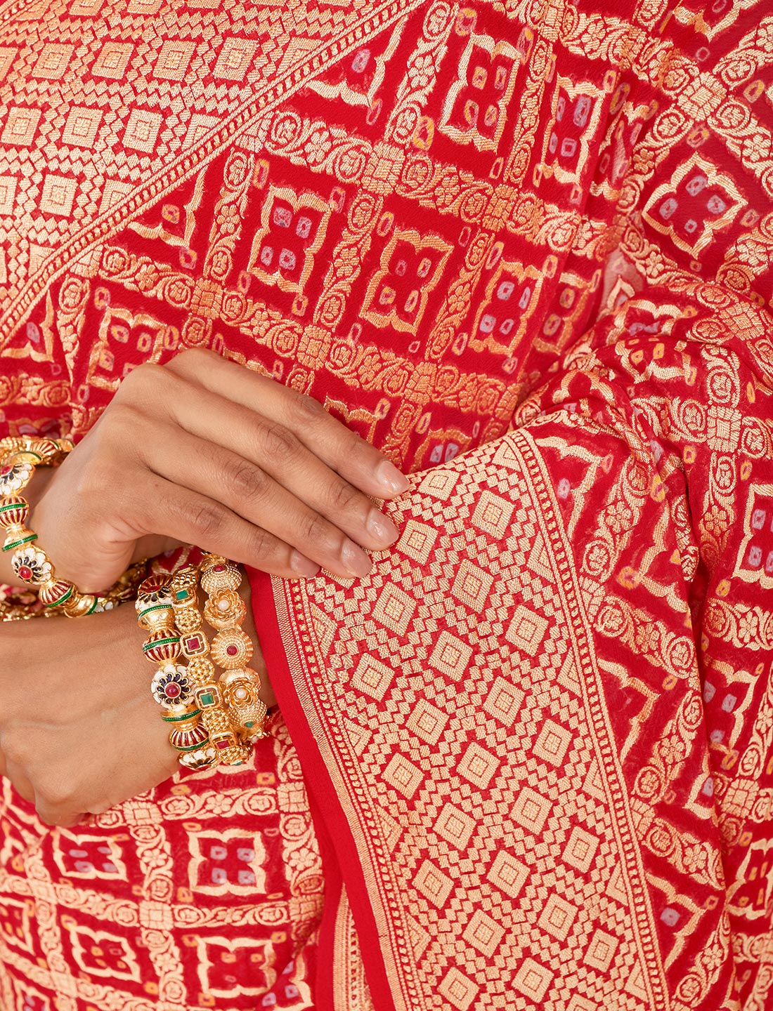 Red Handwoven Rye Bandhej Pure Khaddi Georgette Saree