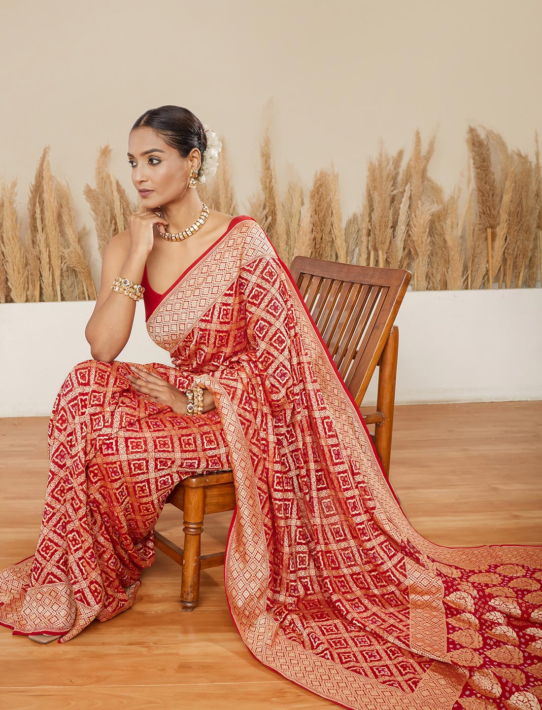 Red Handwoven Rye Bandhej Pure Khaddi Georgette Saree