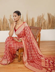 Red Handwoven Rye Bandhej Pure Khaddi Georgette Saree