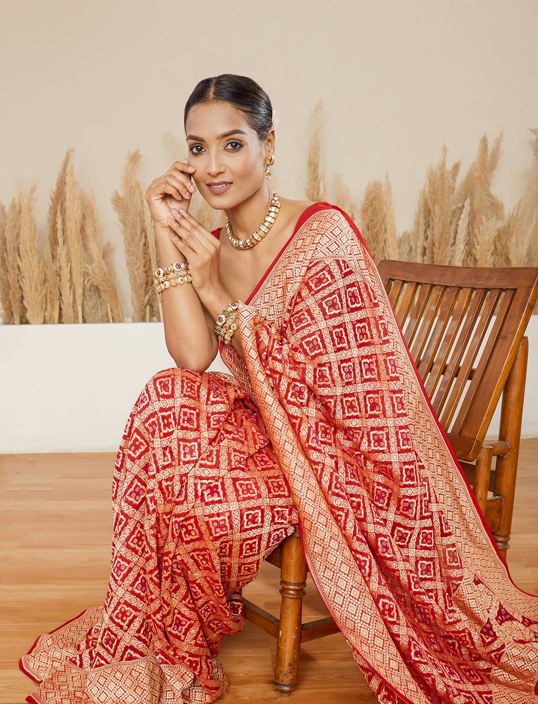 Red Handwoven Rye Bandhej Pure Khaddi Georgette Saree