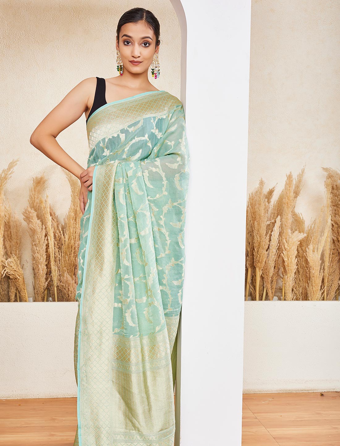 Tiffany Blue Handloom Pure Khaddi Tissue Silk Saree