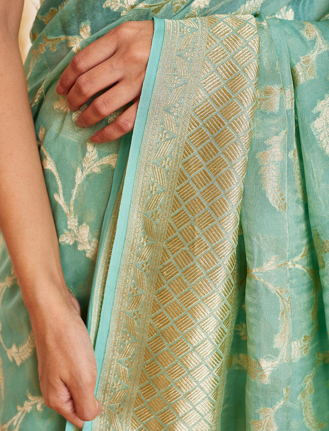 Tiffany Blue Handloom Pure Khaddi Tissue Silk Saree