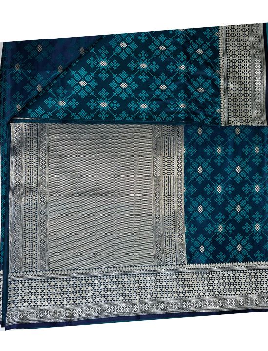 Peacock Blue Pure Satin Silk Tanchoi Handloom Banarasi Saree