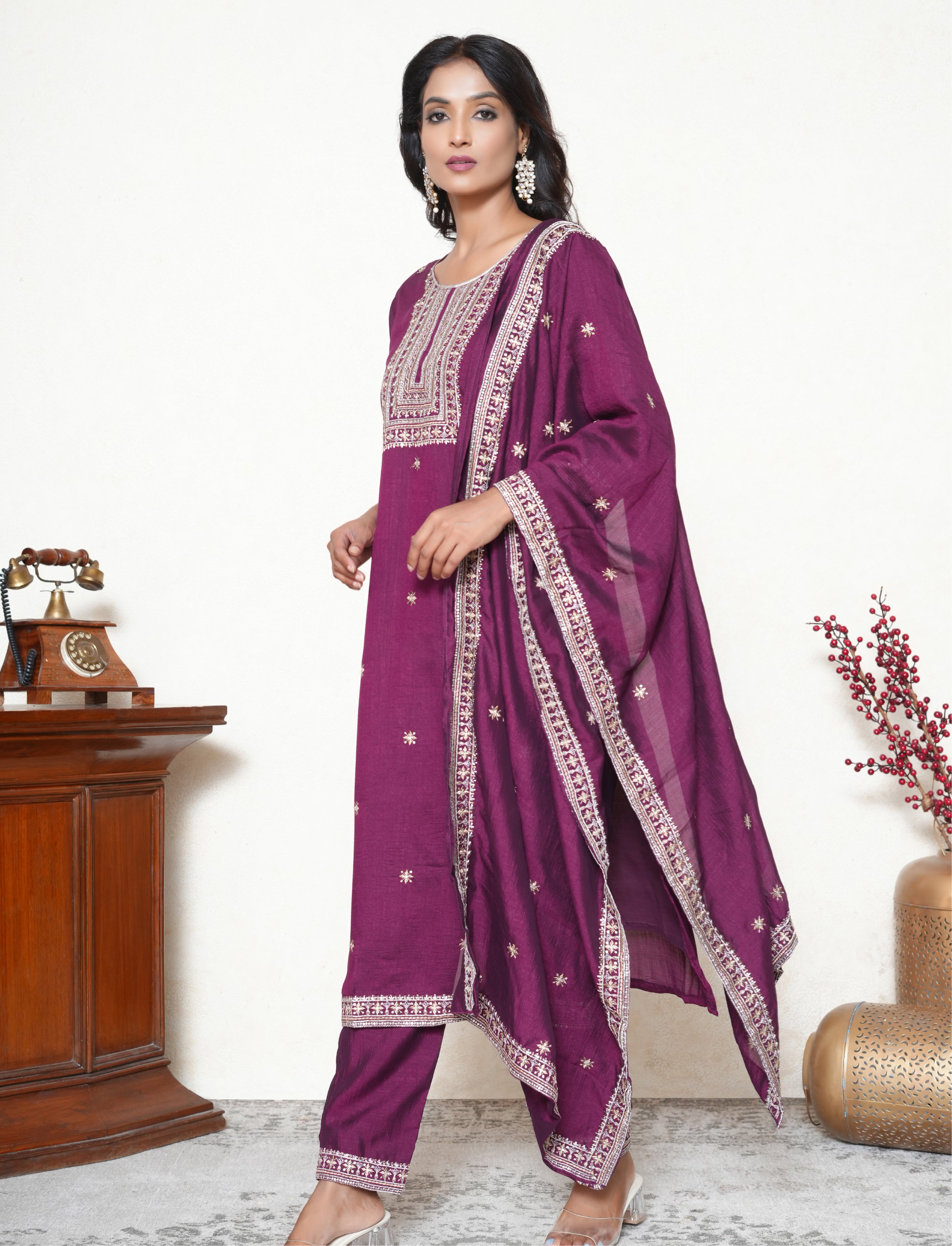 Maroon silk blend Kurta and dupatta Set