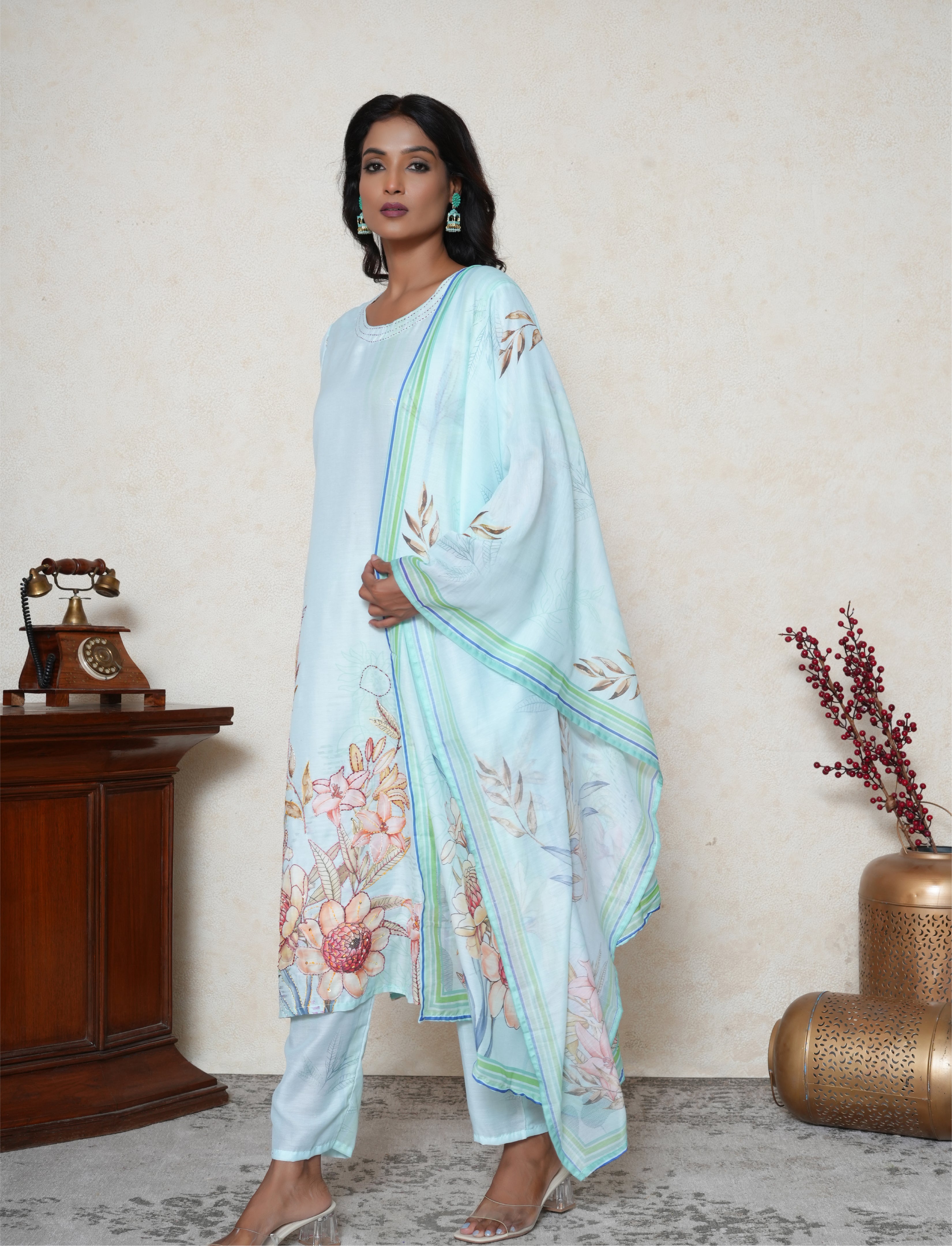 Celeste Blue floral print kantha work kurta set