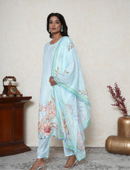 Celeste Blue floral print kantha work kurta set