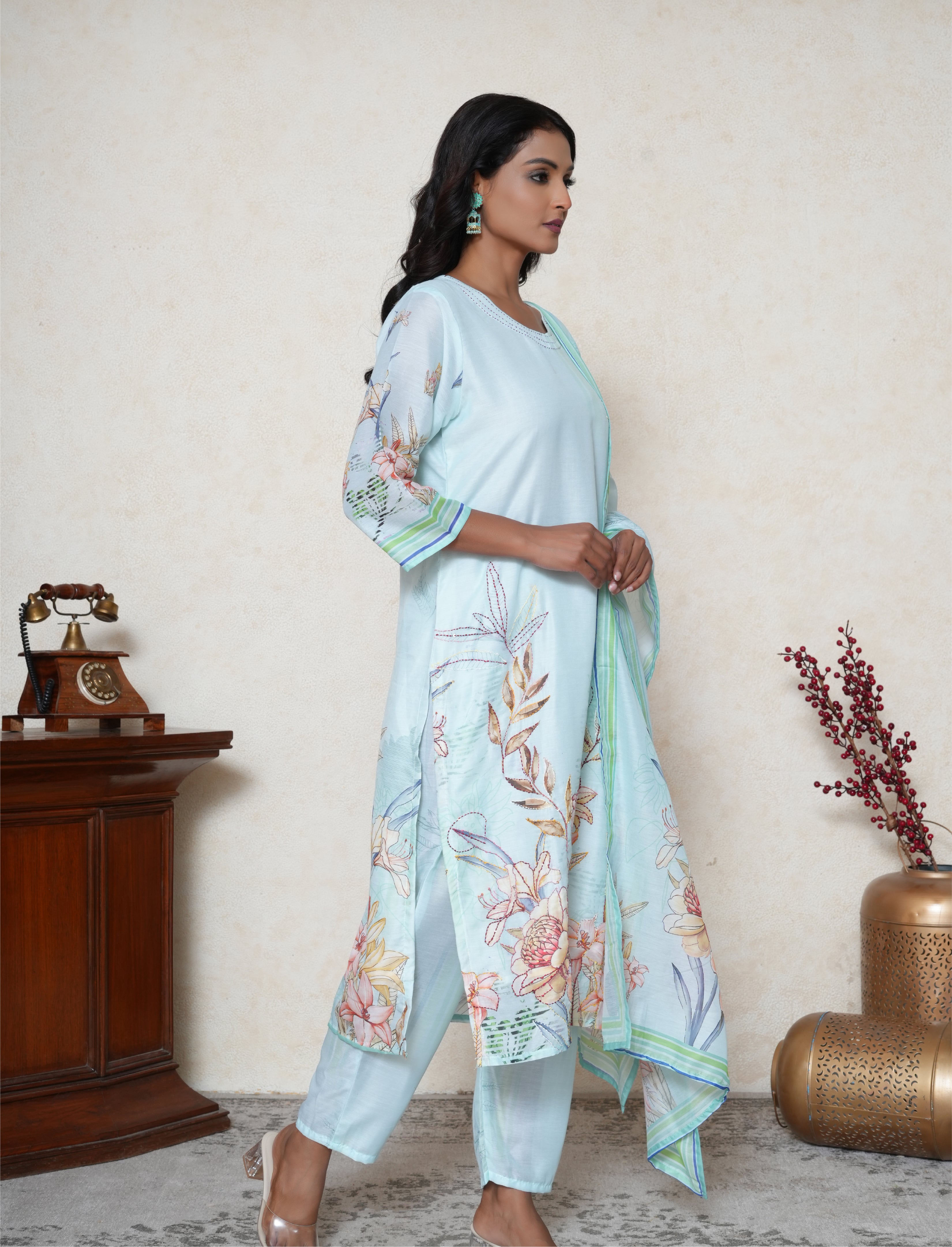 Celeste Blue floral print kantha work kurta set