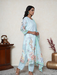 Celeste Blue floral print kantha work kurta set