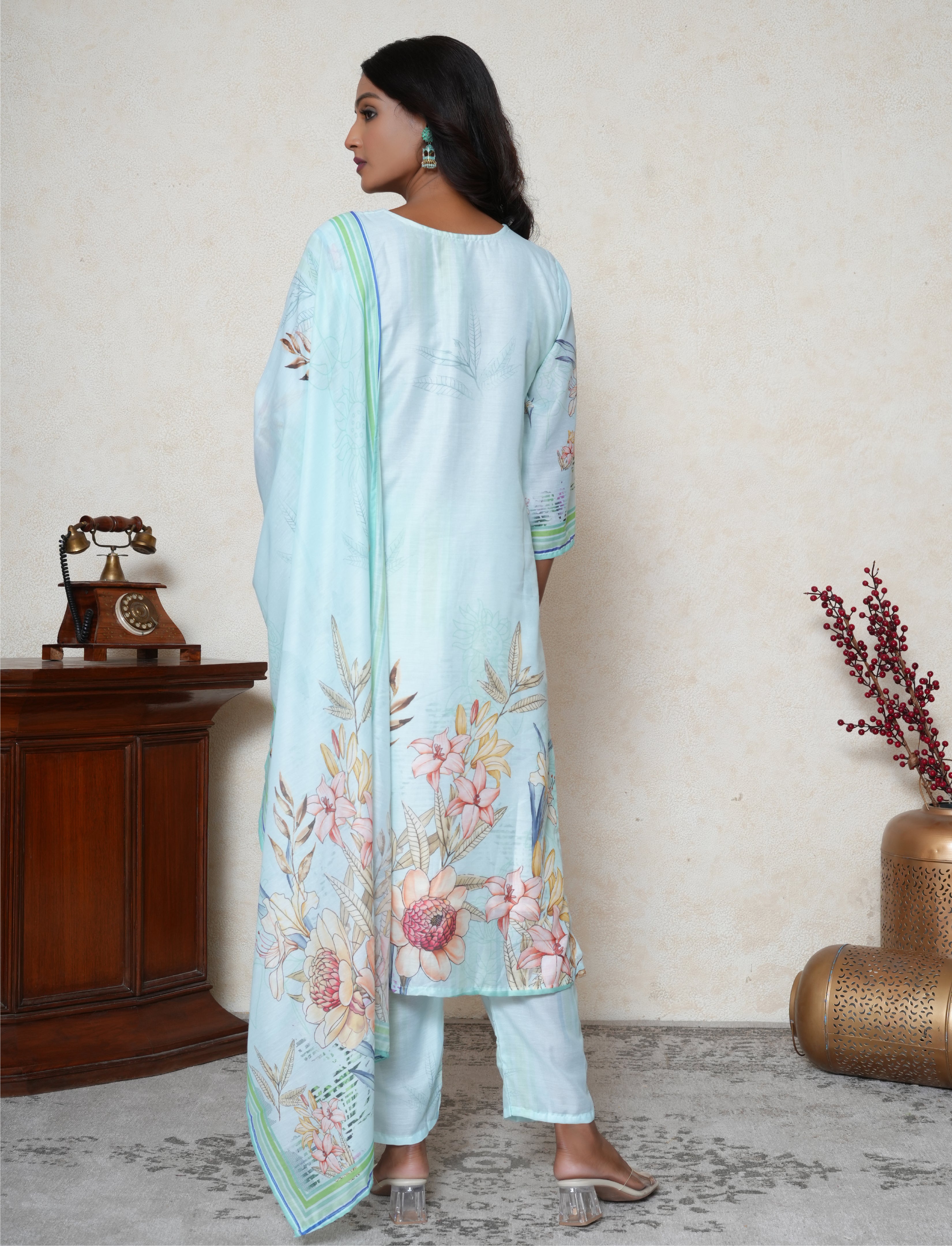 Celeste Blue floral print kantha work kurta set