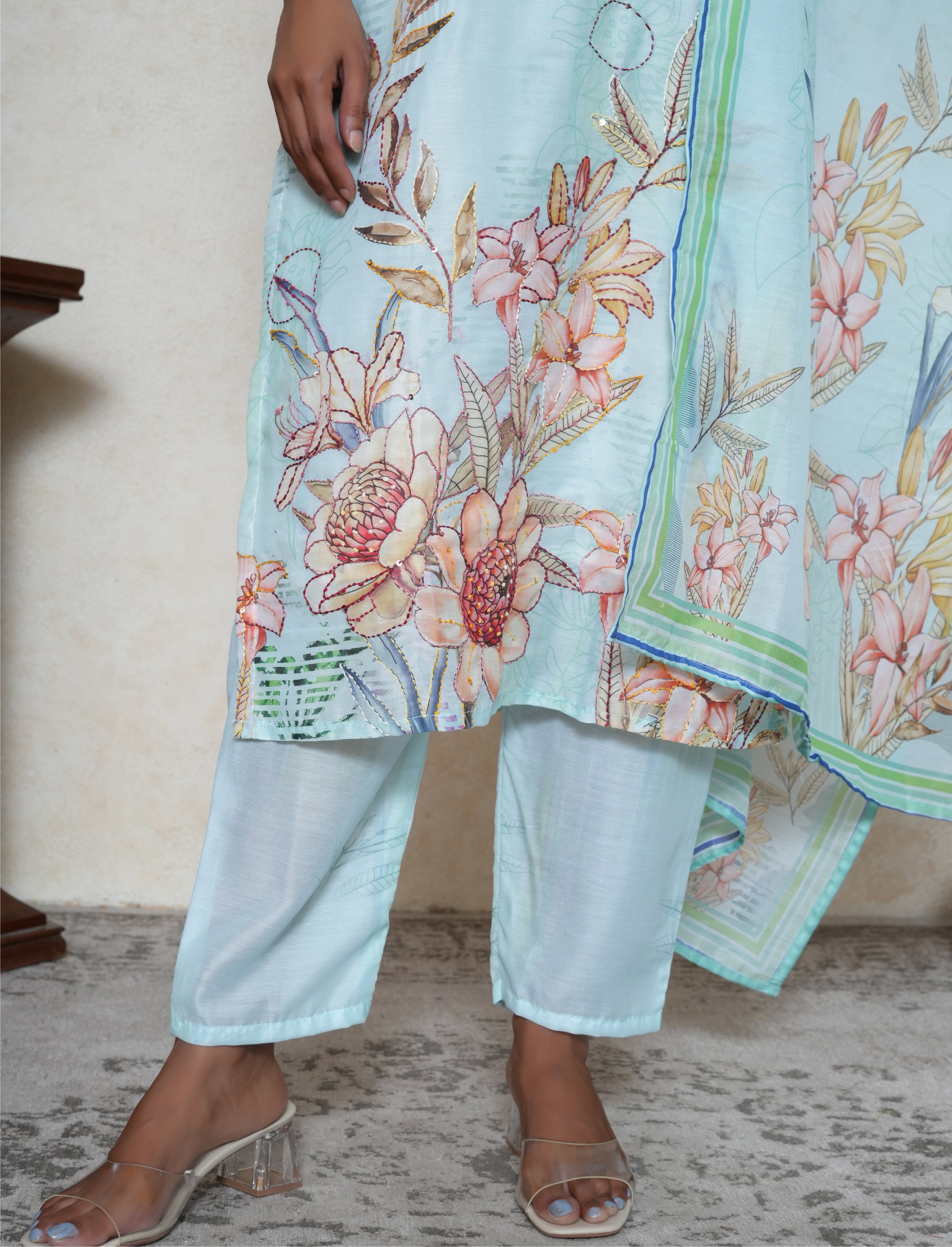 Celeste Blue floral print kantha work kurta set