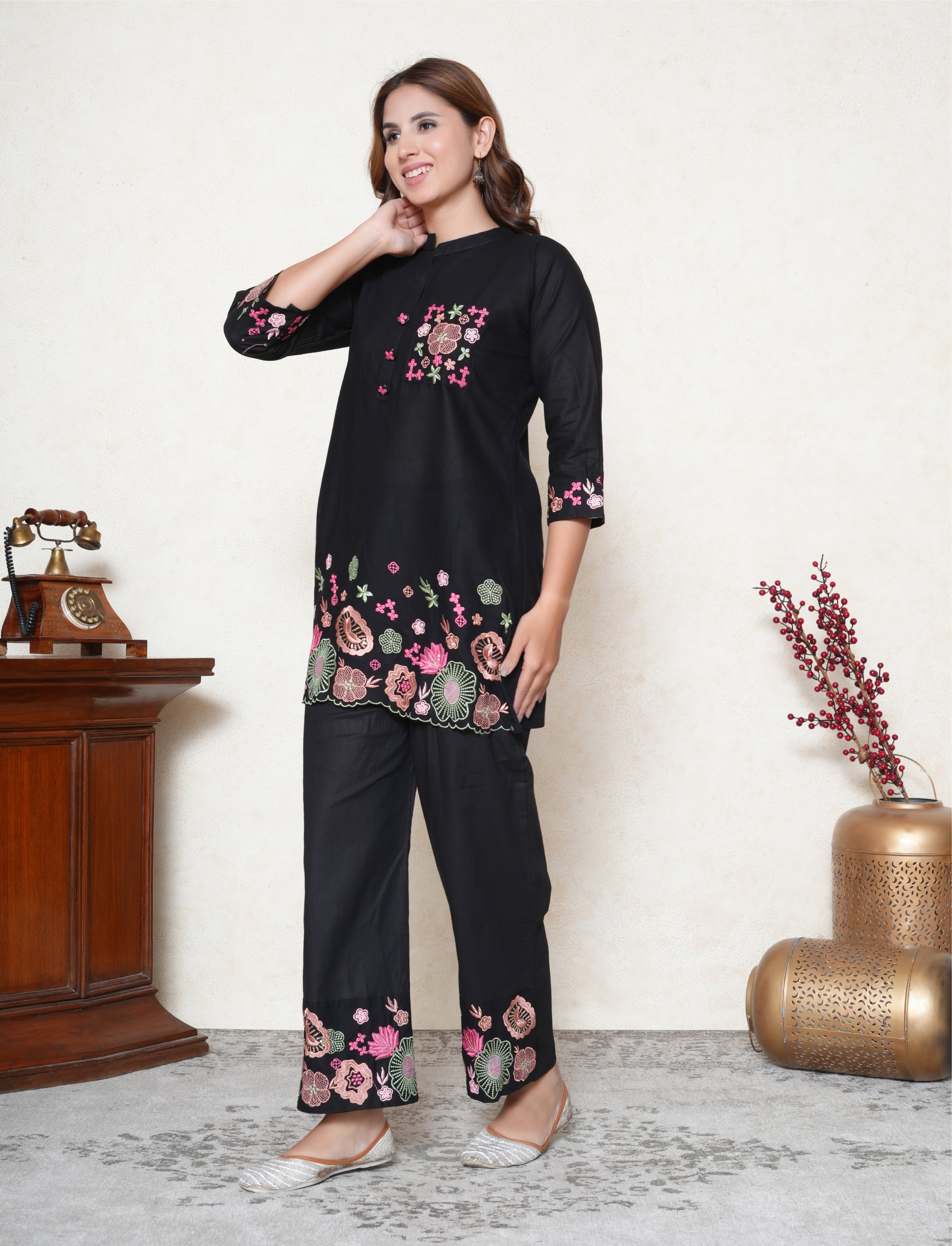 Black Floral Embroidered Co-ord Set with Sequins & Scalloped Detailing